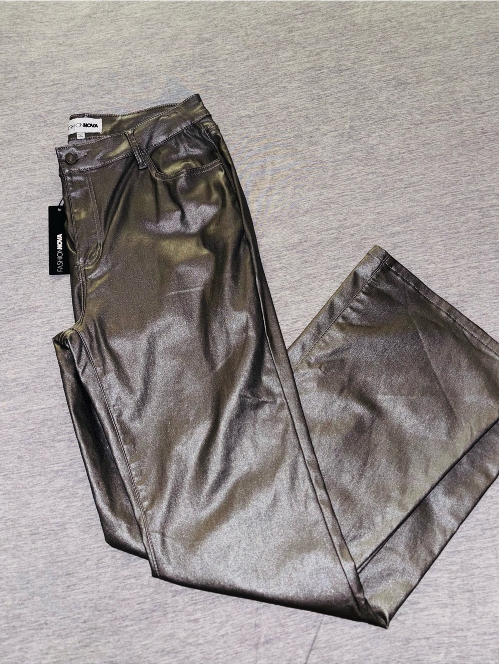 Fashion Nova Faux Leather Metallic Pants in Gunmetal